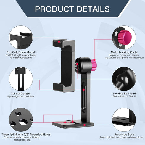 Manbily Phone Tripod Mount Adapter with Cold Shoe, Metal Aluminum Smartphone Tripod Holder 360° Cell Phone Clip for iPhone Samsung Video Live Vlog...