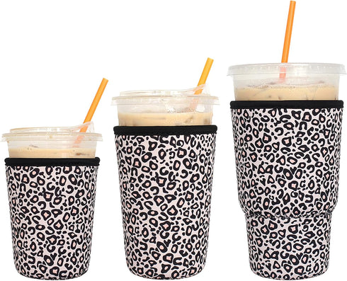 3 Pack Reusable Iced Coffee Sleeves - Xumbtvs Insulator Sleeve for Cold Beverages, Neoprene Coffee Cup Holder (Leopard print)...