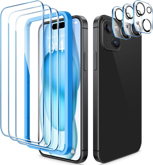 CANSHN [3+3 Pack for iPhone 15 Screen Protector Tempered Glass & Camera Lens Protector Accessories with Easy Installation Frame, Double Shatterpro...