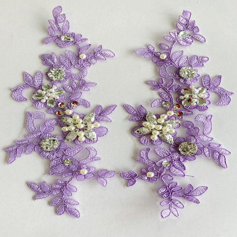 Zbroh Fine Lace Fabric Patches Embroidered rhinestones Trim Applique Decor Dress Decoration sew on sequins beads accessory one pair (light purple)...