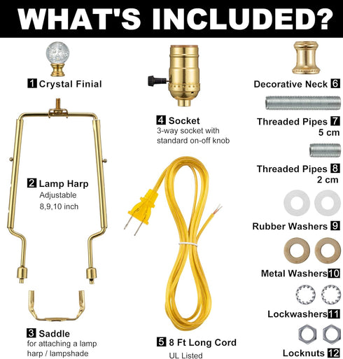Qc Lamp Harp Kit for Lamp Socket Replacement and Rewire, Lamp Parts for Repair Table and Floor Lamps, Brass Finish Table Lamp Wiring Kit, DIY Lamp...