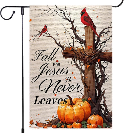 Fall For Jesus He Never Leaves Garden Flag 12x18 Inch Double Sided Outside, Autumn Thanksgiving Cardinal Pumpkin Cross Yard Outdoor Flag...