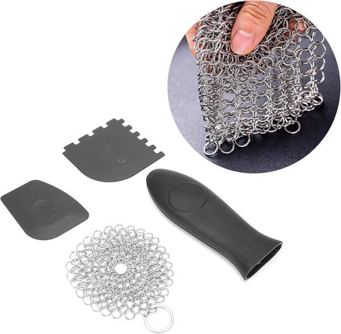 Stainless Steel Cast Iron Cleaner Kit, Chainmail Scrubber for Cast Iron Pans, Toothed Scraper with Handle Cover, Durable Scrubber for Cleaning Dut...