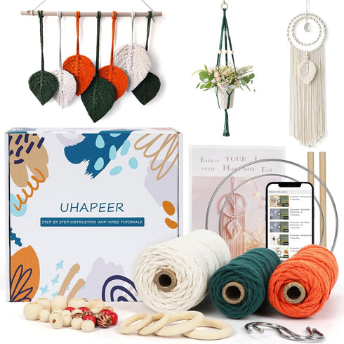 UHAPEER Macrame Kits for Adults Beginners, DIY Macrame Plant Hanger Kit and Macrame Supplies, with 3 mm Macrame Cord Cotton, Macrame Meads, Wooden...