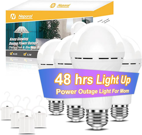 Neporal LITE Emergency Rechargeable Light Bulbs A19, Light Up to 48 hrs, Battery Operated Light Bulb, 5000K E26 LED Bulb, Emergency Lights for Hom...