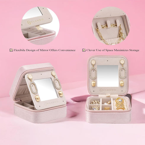 Vlando Small Travel Jewelry Box Organizer Display Case for Rings Earrings Necklaces Storage, Selected Soft Velvet, Letter L Engraved, Pink...