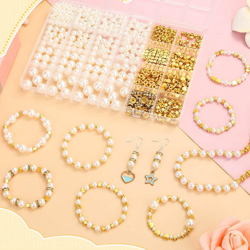 Audab Pearl Beads for Bracelet Making, 970 Pieces Pearl Beads and Gold Spacer Beads for Bracelets and Jewelry Making...