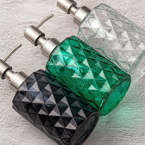 Easy Tang Glass Soap Dispenser Bathroom Kitchen 12 Oz Crystal Design with Silver Pump, Refillable Liquid Soap Dispenser (Green)...