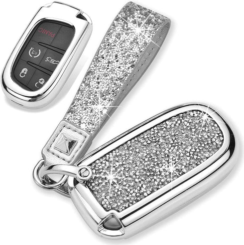 Royalfox 3d bling shiny rhinstone crystals key fob case cover compatible with Jeep Dodge chrysler (silver)...