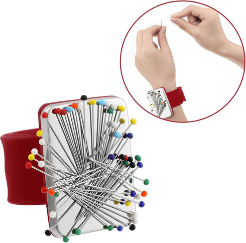 Magnetic Wrist Sewing Pincushion with 100 Pieces 1.5 Inch Ball Head Sewing Pins Set Wrist Magnetic Pin Holder Gift Supplies(Red)...