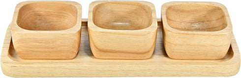 AeraVida Functional Kitchen Décor Snack Plate with Three Square Bowl Natural Brown Rubber Tree Wood Set | Wooden Square Bowls for Eating | Wooden ...