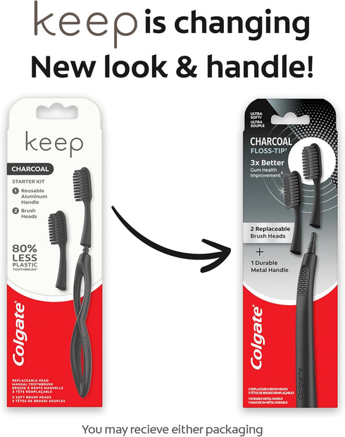 Colgate Keep Charcoal Replaceable Head Toothbrush Starter Kit, 2 Brush Heads...