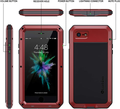 Lanhiem Heavy Duty Shockproof Tough Armour Metal Case for iPhone SE 3/2/1, iPhone 7/8 with Tempered Glass, Full Body Protective Case Cover - Red...