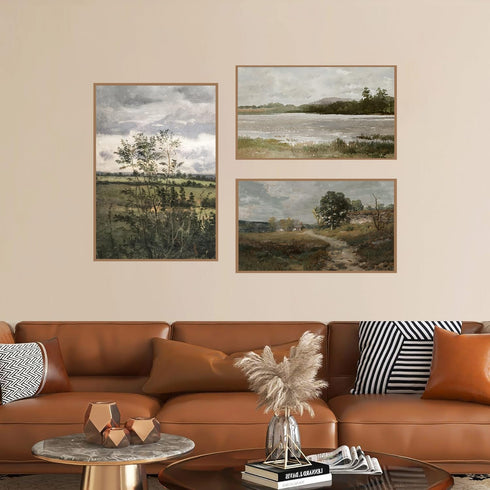 Field Landscape 3 Pieces Split Print Wall Art, Vintage Printed Country Landscape Painting, Oil Painting Mural Art, Nature Landscape Wall Art Print...