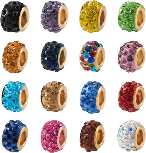 Cheriswelry 100pcs Crystal Rhinestone Pave European Beads Mixed Large Hole Rondelle Slide Charm Bracelet Snake Chain Beads with Golden Metal Core ...