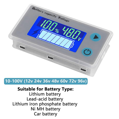 10-100V Battery Monitor LCD 12V 24V 36V 48V Digital Battery Capacity Voltmeter Tester Percentage Level Voltage Temperature Monitor Meter with Cabl...