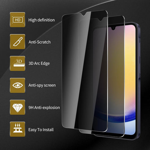 3 Pack Privacy Screen Protector for Samsung Galaxy A25 5G With 3 Pack Camera Lens Protector, Anti Spy Tempered Glass 9H Hardness, Black Protector ...