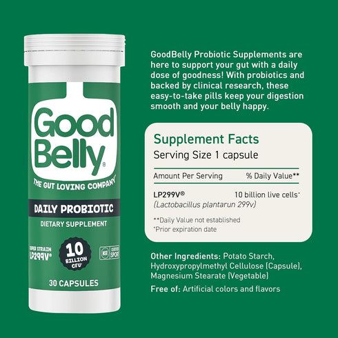 GoodBelly Probiotic Capsules for Digestive Health | Vegan Probiotic Supplement with 10 Billion Live Cultures | Probiotics for Women & Men | 30 Cap...