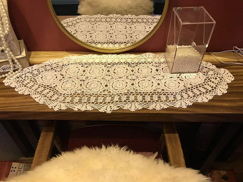 Beige Handmade Crochet Doilies Cotton Table Runner Lace Doilies Doily Oval Dresser Scarves for bedrooms,16 by 35 Inches....
