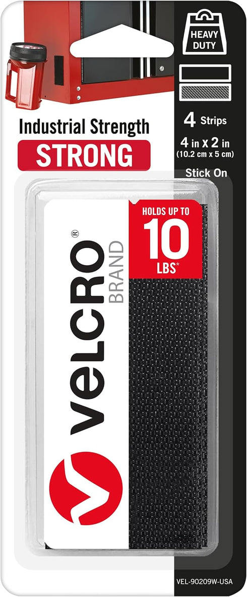 VELCRO Brand Heavy Duty Fasteners | 4x2 Inch Strips 4 Sets | Holds 10 lbs | Stick-On Adhesive Backed | Black Industrial Strength | For Indoor or O...