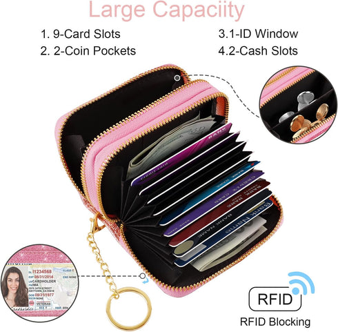 Double Zipper Credit Card Holder RFID Blocking Coin Pouch Slot Glitter Shining Leather Small Cute Card Wallet for Women with Keychain, Pink Glitte...