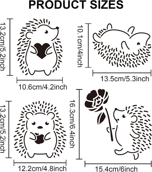 4 Styles Hedgehog Stencil 11.8×11.8inch Hedgehog Flower Drawing Painting Stencils Reusable Flower Heart Animal Stencil for DIY Furniture Wall Floo...