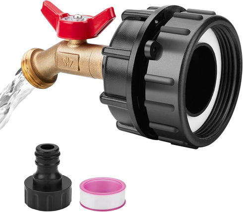 WADEO IBC Tote Adapter, 2.44" Fine Thread Adapter for 275-330 Gallon IBC Tote Tank - Solid Brass Water Shut-Off Valve Faucet (1/2" Male NPT Inlet ...