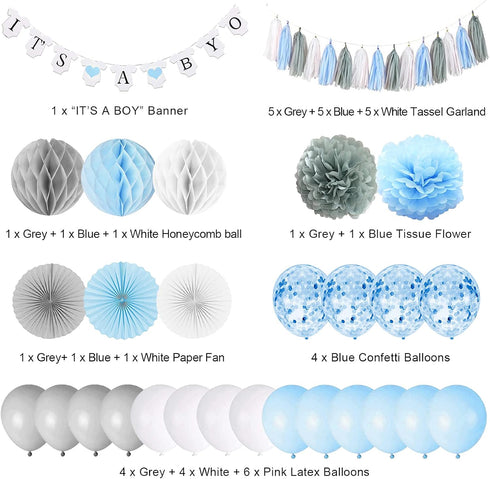 Baby Shower Decorations for Boy, It’s A Boy Banner with Paper Fan Tissue Pompoms Honeycomb Ball Party Balloons Foil Tassel, Blue and Grey It’s A b...