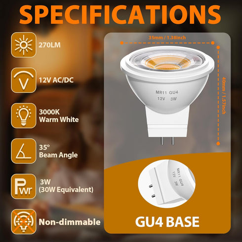 MR11 LED Bulb 3W GU4 Bi-pin LED Landscape Light Bulb Replace 25W Halogen Bulb 12V AC/DC Low Voltage Spotlight Light Bulb Warm White 3000K Non-dimm...