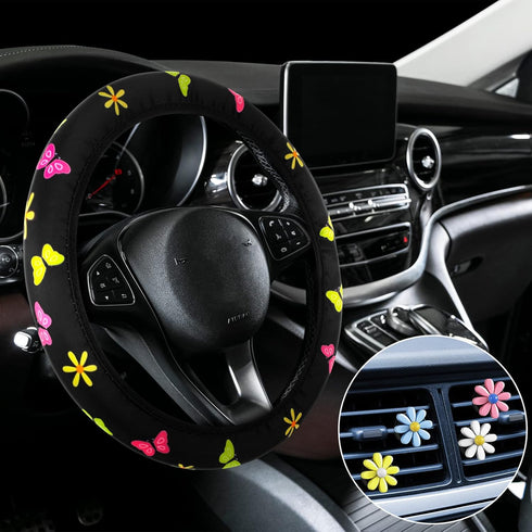 Frienda 5Pcs Butterfly Car Accessories Set Floral Butterfly Steering Wheel Cover with Cute Daisy Air Vent Clips Universal Sage Green Car Accessori...