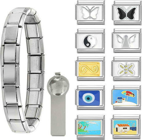 papasgix Italian Charm Bracelet Set with Starter Brascelet, Assorted Charms and Opening Tools, 9mm Modular Italian Charm Bracelet Links Handmade D...