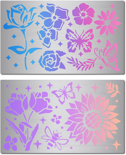 GORGECRAFT 2 Styles 6" Metal Flower Stencil Templates Tulips Sunflower Rose Leaves Bee Butterfly Pattern Reusable Stainless Steel Journal Stencil ...