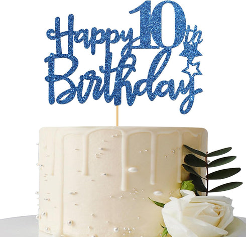 Royal Blue Glitter Happy 10th Birthday Cake Topper - 10 Sign Cake Topper - Cheers to 10 Years Party Supplies - 10th Birthday Party Decorations...