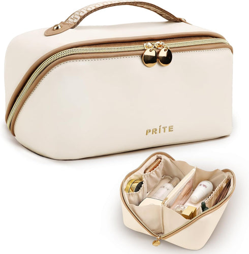 Large Capacity Cosmetic Bag for Women Portable Waterproof PU Leather Makeup Bag Open Flat Makeup Organizer With Clear Divider and Handle(Beige)...