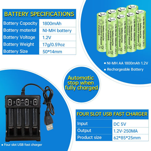 8PCS 1.2V 1800mAh Ni-MH AA Rechargeable Battery with 4 Slot USB Charger for Wireless Microphones, Electric Toys, Remote Mice, Calculators, Razors,...