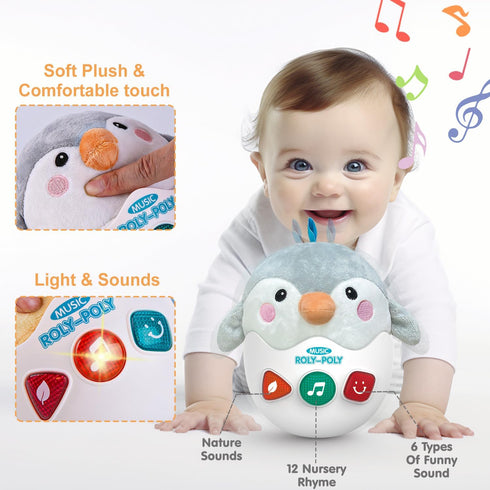 Infant Toys 0-3-6-12 Months Shower Gifts, Plush Penguin Musical Toys, Cute Stuffed Animal Baby Toys with Light & Sounds, Roly-Poly Birthday Gift f...