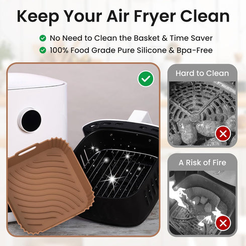 2 Pack Air Fryer Silicone Liners, Square Airfryer Liners, Silicone Air Fryer Liners Reusable for 4-6 QT, Air Fryer Accessories Replacement for Par...