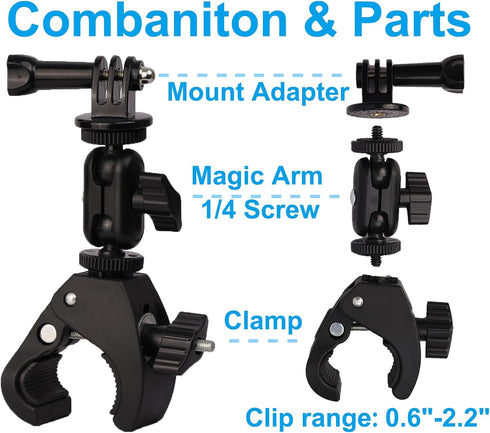 Super Clamp Motorcycle Handlebar Mount Multi Angle 360° Swivel Compatible with Gopro 12 Hero 12 11 10 9 / Insta 360 / DJI Action Cameras, with Dou...