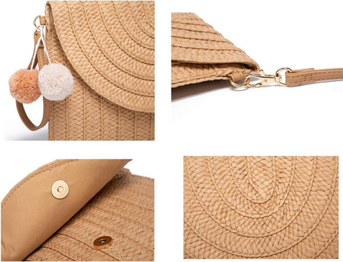 Straw Shoulder Bag Straw Clutch Women Hand-woven PomPom Straw Crossbody Bag Summer Beach Envelope Purse Wallet...