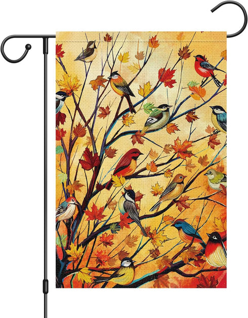 Louise Maelys Welcome Fall Garden Flag 12x18 Double Sided, Small Burlap Autumn Maple Tree Birds Garden Flag Fall Thanksgiving Outside Outdoor Hous...