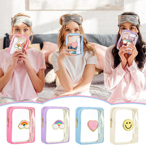 4 Pcs Preppy Patch Makeup Bag Cute Chenille Letter Pouch Cosmetic Makeup Cases Toiletry Bag with Zipper Travel Organizer Stuff Skincare Bags for G...
