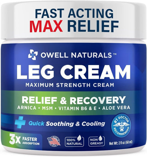 OWELL NATURALS Relief Legs Cream - Fast Acting Maximum Strength Natural with Aloe Vera Vitamin E...