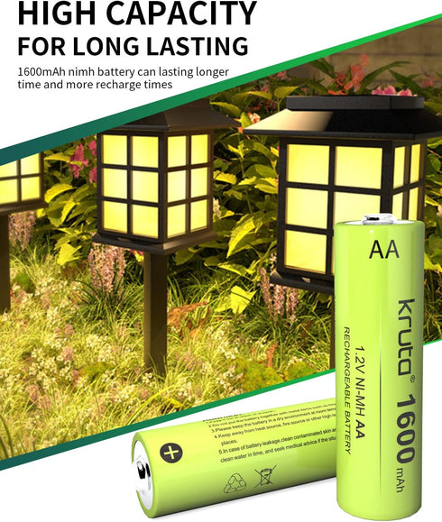 Kruta Ni-MH AA Rechargeable Batteries, Double A 1600mAh High Capacity 1.2V Pre-Charged for Garden Landscaping Outdoor Solar Lights, String Lights,...