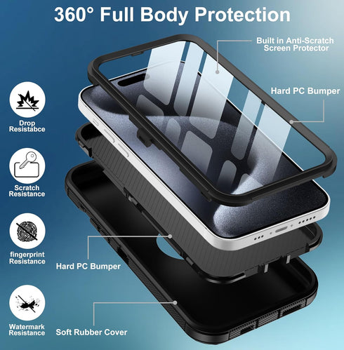 for iPhone 15 Pro Case, with Built in Screen Protector Heavy Duty Drop Protection, Full Body Rugged Shockproof Dust Proof Protective Phone Cover f...