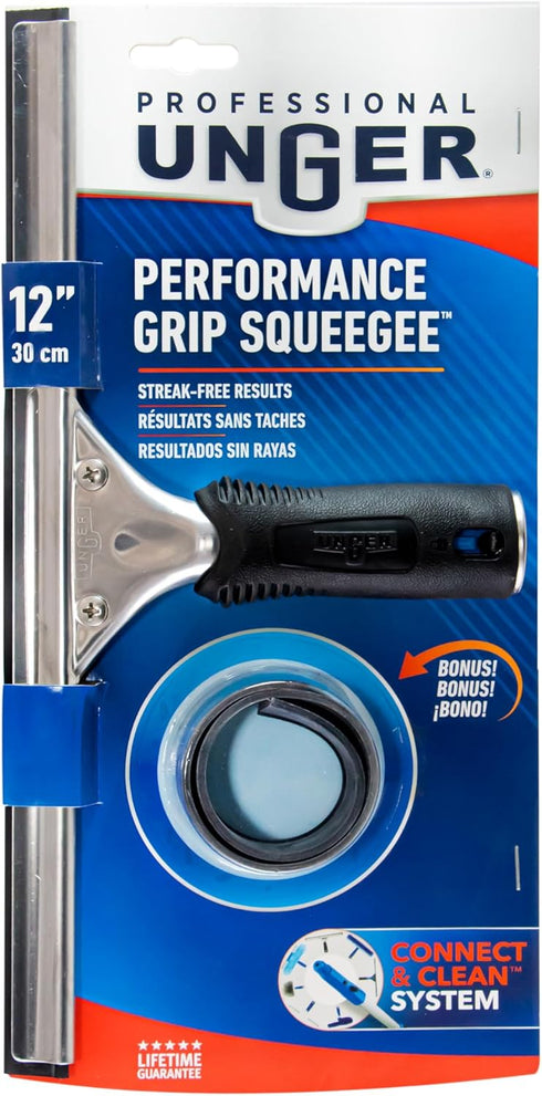 Unger Professional 12" Performance Window & Glass Cleaning Squeegee with Replacement Rubber - Cleaning Supplies, Heavy Duty Squeege for Window Cle...