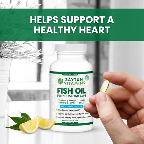Zaytun Halal Fish Oil 1200mg Omega 3, Premium EPA/DHA, One Per Day, Supports Brain, Heart, Joint Health - 4 Months Supply, Lemon Flavor, Keto Frie...