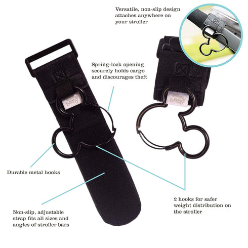 Disney Baby by J.L. Childress Mickey Mouse Stroller Hooks - Universal Stroller Clips with Non-Slip Straps - Durable Carabiners to Hold Water Bottl...