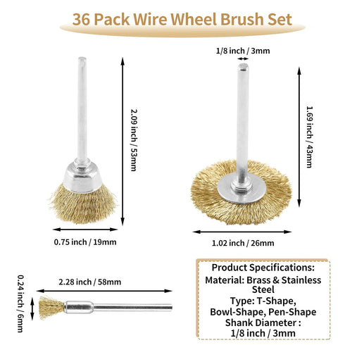 36 Pack Wire Wheel Brush Set, 1/8 Inch Shank Pure Brass and Stainless Steel Brush Kit Rotary Buffing Brush Wheel, Rust Removal Tool Set, Wire Pen ...