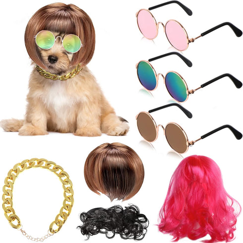 3 Pieces Dog Cosplay Wig, Cat Wigs, Dog Cosplay Costumes Accessories Include 3 Pieces Retro Pet Round Sunglasses and 1 Pieces Dog Chain Necklace, ...