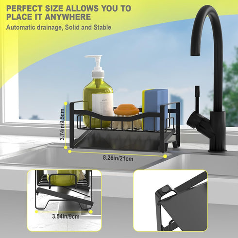 Kitchen Sink Caddy Organizer Sponge Holder for Kitchen Sink with Stainless Steel Auto Drain Tray, Self Drain Dish Soap Sponge Caddy Rack for Kitch...